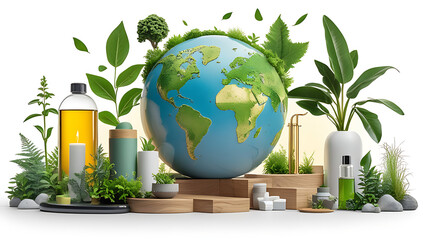 Earth globe surrounded by green plants and eco friendly products