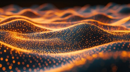 Dynamic visualization of abstract glowing particles creating a waving digital landscape, representing data flow, network connections, big data, and the intricate structure of advanced technology