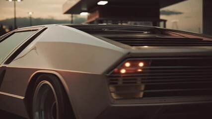 Classic vintage sports car driving away at dusk near a gas station, showing rear lights and retro bodywork for nostalgic 80s road trip and cinematic lifestyle concepts