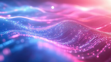 Abstract glowing particles forming a dynamic wavy network, symbolizing flowing digital data, big data analytics, blockchain technology, and ai computational processes in a connected world