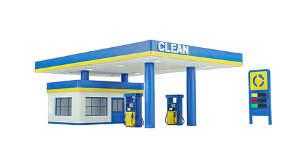 Clean Gas Station with Pumps on White Background