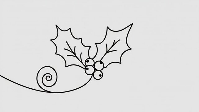 Minimalist holly branch with berries and swirl on white background festive decoration seasonal continuous one line drawing animation.