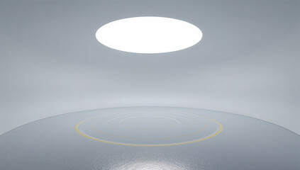Minimalist circular stage with overhead light and concentric floor markings