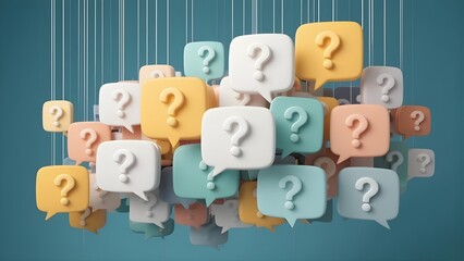 Abstract cloud of soft pastel 3D speech bubbles with question marks floating against a blue background, ideal for customer support headers, mental health awareness, and online consulting services.