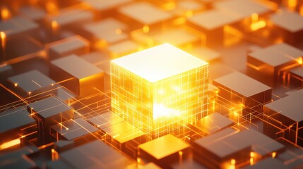 Central glowing cube illustrates interconnected digital information, forming a complex network and highlighting advanced data processing, artificial intelligence, and future technology concepts