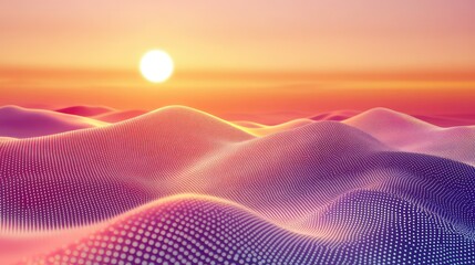 Abstract landscape of rolling waves created by a grid of glowing dots, presenting a futuristic data visualization scene under a vibrant golden and purple sky