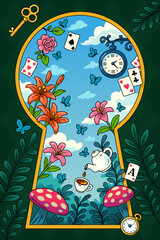 Wonderland background. Flowers, mushrooms, clock and key, teapotand cup, cards and butterflies. Flowers frame and gold keyhole on green background. Vector illustration