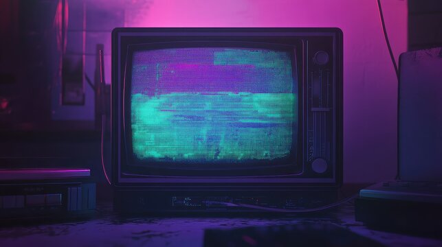 Vintage analog television set showing digital noise and signal interference on its screen, surrounded by glowing neon purple and green ambient light, symbolizing retrofuturism and old technology
