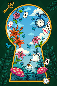 Wonderland background. Flowers, mushrooms, clock and key, teapotand cup, cards and butterflies. Flowers frame and gold keyhole on green background. Vector illustration