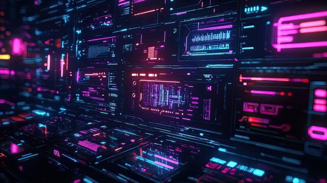 Abstract neon circuit interface visualizing dynamic data flow, network connections and intelligent analytics to evoke cybersecurity, ai, big data and futuristic digital systems - Powered by Adobe
