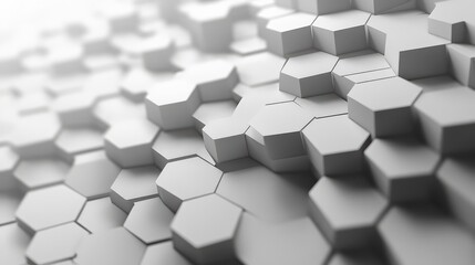 White and grey hexagonal shapes forming a repeating dimensional pattern, creating an abstract technology background with shadows and varying heights in a seamless tile