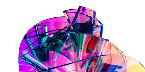 Elegant Translucent Iridescent Glass Curve Sheets on Transparent Background, Futuristic Abstract Composition