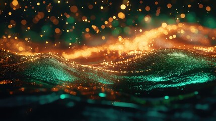 Abstract glowing particle waves creating a vibrant, dynamic background, representing data flow, energy transfer, or an interconnected system with sparkling light effects and bokeh