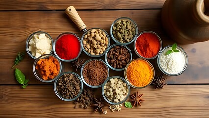 An artistic arrangement of spice cups on a wooden table from an overhead perspective.