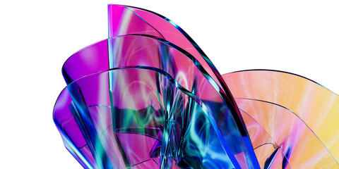Elegant Abstract Glass Curve Forms with Colorful Gradient Waves, Transparent Background 3D Art