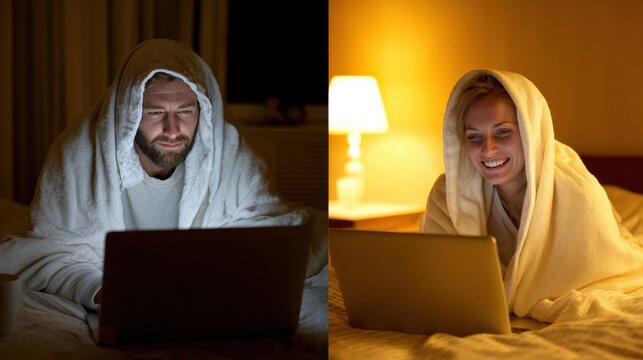 Split-screen style view of couple video chatting from separate bedrooms at night. Comfort and deep emotional bond. True love overcoming distance and time zones