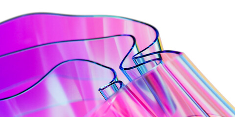 Elegant translucent iridescent glass curve sheets on transparent background, creating dynamic abstract composition. colorful gradient wave design element 3d rendering for innovative futuristic concept
