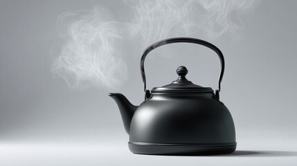 A black kettle steaming elegantly, with a minimalist aesthetic and a focus on shape and form. The steam adds an ethereal touch, enhancing the object's presence