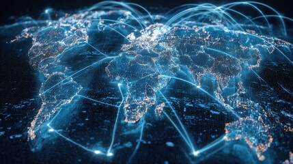A digital map of the world illuminated by blue lines, representing global connectivity and data transmission across continents.