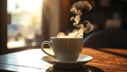 Coffee cup on cafe table with rising steam, bathed in morning sunlight through a window.
