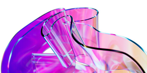 Elegant translucent iridescent glass curve sheets on transparent background, creating dynamic abstract composition. colorful gradient wave design element 3d rendering for innovative futuristic concept