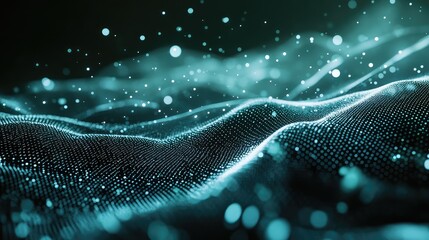 Abstract dots creating a luminous flowing wave surface with sparkling particles, representing digital data, technology, network connections, and futuristic concepts in blue tones