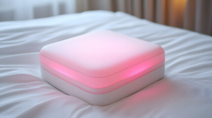 Cozy ottoman bathed in sunlight, enhancing warmth and inviting c,Pale Pink Eco-Friendly Cosmetic Box on Wooden Stand