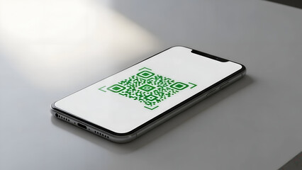 Smartphone displaying a vibrant green quick response code on a bright screen resting on a minimalist gray surface with soft ambient light highlighting the technology