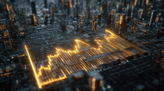 A visually striking digital landscape featuring glowing data lines and circuit-like structures, representing technology and data flow. - Powered by Adobe