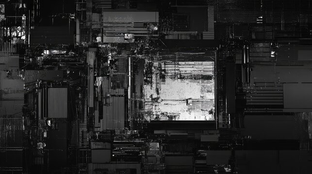 Abstract grayscale visual representation showing intricate network connections and complex data processing components within a futuristic digital infrastructure concept - Powered by Adobe