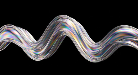 Iridescent wavy silver lines on black background with rainbow colors