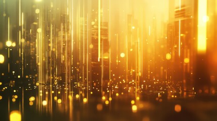 Abstract background showing bright golden light stripes moving upwards, representing a future city, data flow, digital commerce, or technology network with particle bokeh effects