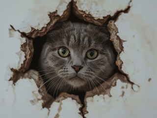 A curious gray cat looks through a big torn hole in a white wall, showing its round green eyes and soft fur