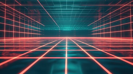 Immersive digital grid interface featuring glowing red and teal lines, forming an intricate virtual tunnel for data transfer, network visualization, and cyberspace exploration
