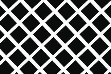 This image displays a high-contrast, black and white geometric pattern. Thick white lines create a repeating grid of diamond or rhombus shapes arranged diagonally across the frame. The interior space 
