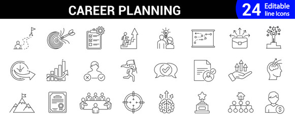 Career planning icon set collection. Editable line growth, goals, targets, performance, leadership, skill, business, management, strategy and more. Vector illustration