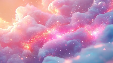 Naklejka premium Swirling pastel clouds blend pink, purple, and blue hues, creating a whimsical and ethereal atmosphere, illuminated by scattered glitter and glowing magical light particles