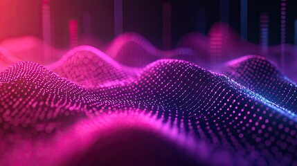 Abstract network of glowing data points creating a dynamic wave pattern with vibrant pink, purple, and blue light, visualizing interconnected information and modern technology concepts