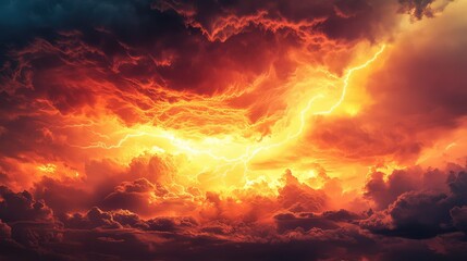 Intense lightning illuminates a turbulent, smoky sky filled with vivid orange, red, and yellow storm clouds, depicting a fierce and energetic weather event