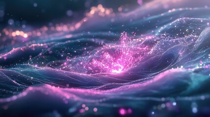 Evolving data stream of glowing particles and waveforms over a neon grid, symbolizing futuristic connectivity, digital information flow, and dynamic technological networks