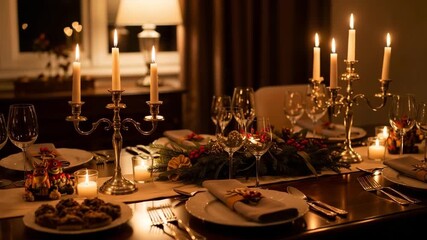 Festive Holiday Dinner Table with Glowing Candles and Elegant Place Settings