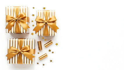 Three elegant gift boxes with gold ribbons and confetti on a white background