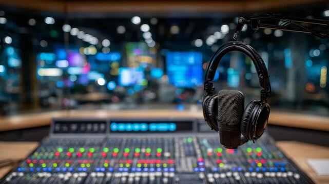 339Recording studio scene highlighting audio mixer with colorful LED meters, studio headphones, condenser microphones, and acoustic panels, soft diffused lighting