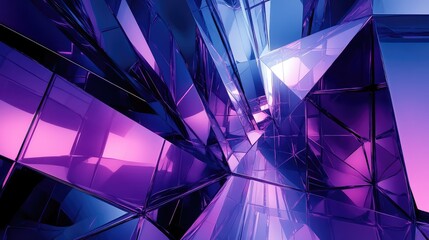 Abstract composition showcasing intricate geometric crystal facets in shades of purple, pink, and blue, creating a futuristic and dynamic reflective background