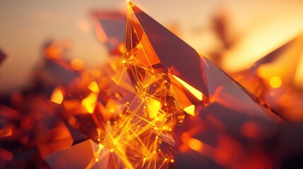 Abstract crystalline facets with glowing internal network of lines and dots, evoking digital connection, data flow and futuristic tech in warm orange, gold and red tones