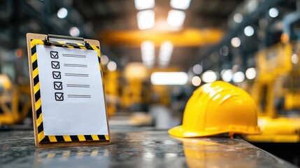 A safety checklist on a clipboard beside a yellow hard hat in a factory setting, emphasizing organization and safety protocols.