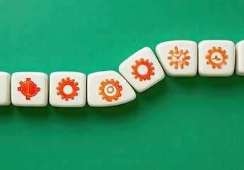 White dice with orange gear and cog icons, arranged in a line on a green background