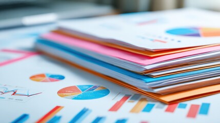 A collection of colorful report papers and charts, showcasing data analysis and visual presentations, stacked neatly on a desk.