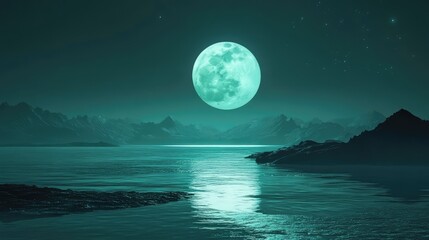 Naklejka premium Full moon illuminating a tranquil mountain lake, its bright cyan glow reflecting across the dark water surface, creating a peaceful and mysterious night landscape