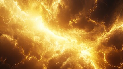 Golden lightning plasma discharges through dark, fiery clouds, forming an intense, dynamic energy field expressing power, electricity, and a dramatic cosmic event